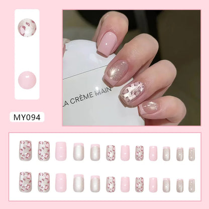 Caramel Flower 24 Pcs Press on Nails Pink Gradient  Glossy Artificial  Reusable Nails