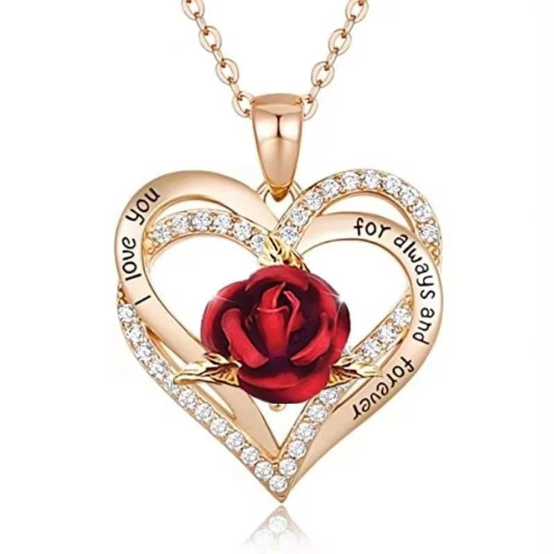 Heart Rose Heart Bow Pendant Necklace