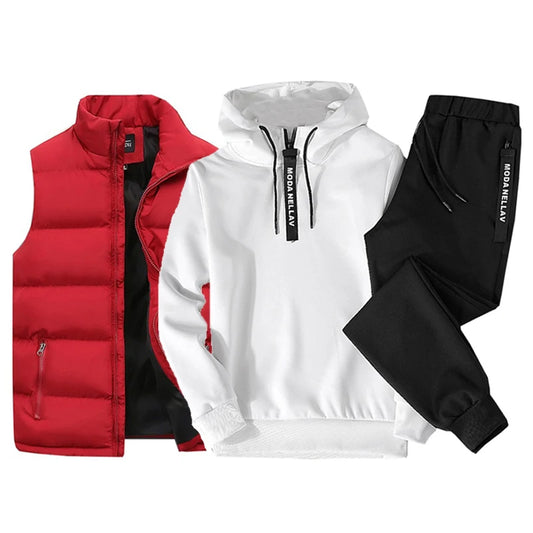 Hooded Sweatshirt+Waterproof Down Vest+Sweatpants 3 Piece Casual Set