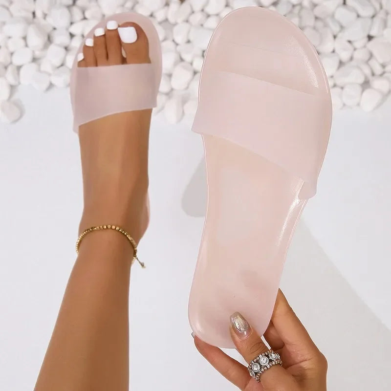 Large size flat bottomed transparent jelly candy colored beach slippers