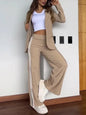 Lapel No Buckle Blazer Casual Striped Side Split Straight Trousers Two Piece Set Woman