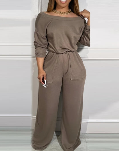 Solid Color Casual Backless Long Sleeved Pocket High Waist Jumpsuit