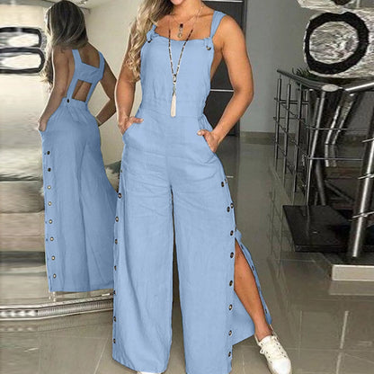 Women's Jumpsuit Sleeveless Twisted Knot Cotton Linen Strappy Playsuit Side Button Opening Loose Long Pants Romper