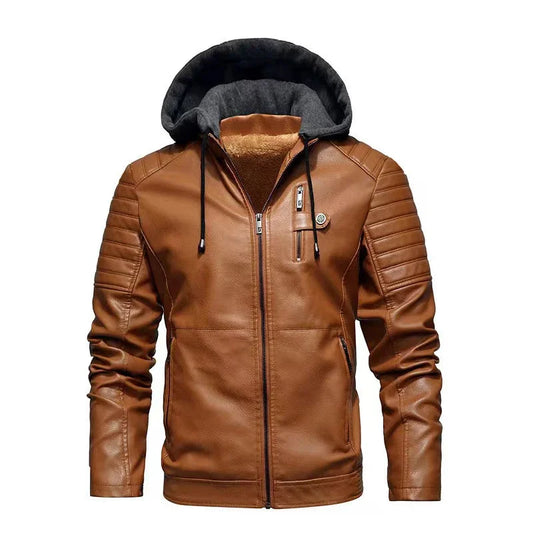 Hooded Jacket Faux Leather Jacket Men Outwear Zipper Pockets Coat