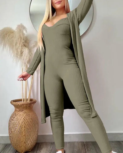 Elegant 2-Piece Matching Sets Solid Color Stripe V-Neck Camisole Jumpsuit Cardigan Set