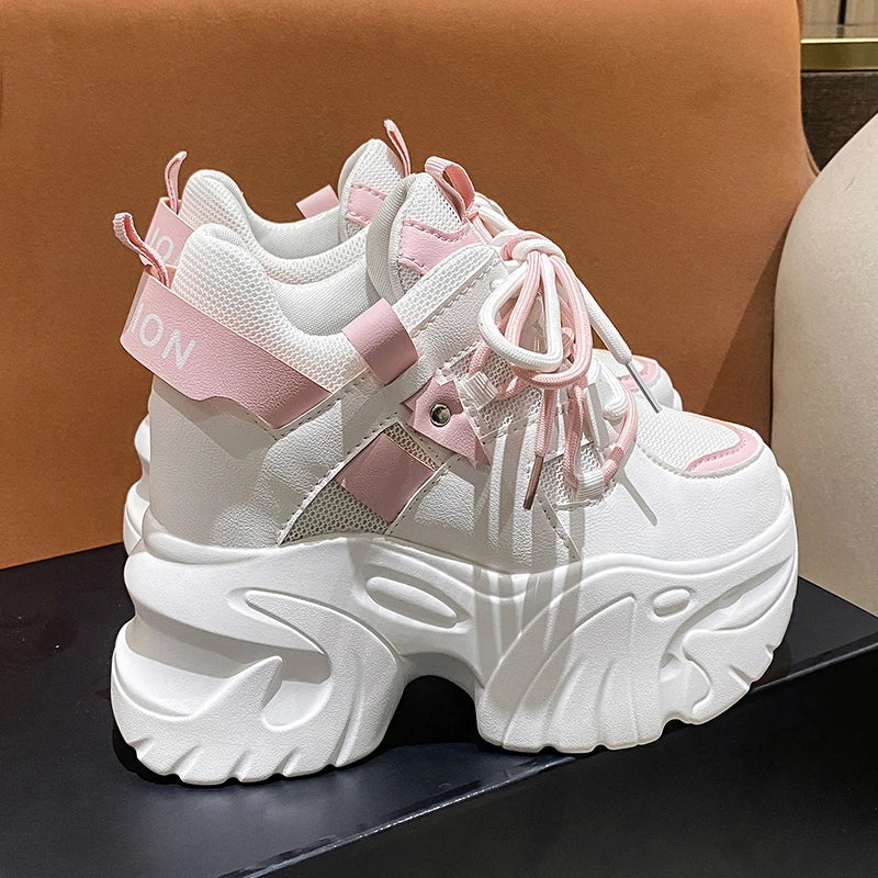 Platform Sneakers Lace-up Chunky Casual Shoes Woman Thick Bottom Mesh White Shoes