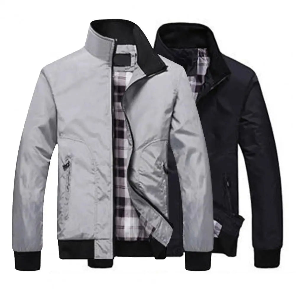 Solid Color Stand Collar Pockets Casual Long Sleeve Elastic Cuff Spring Jacket for Daily Wear