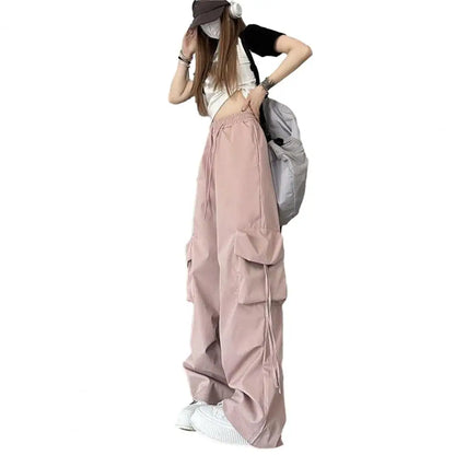 Vintage-inspired Women's High Waist Cargo Pants with Drawstring Multiple Pockets