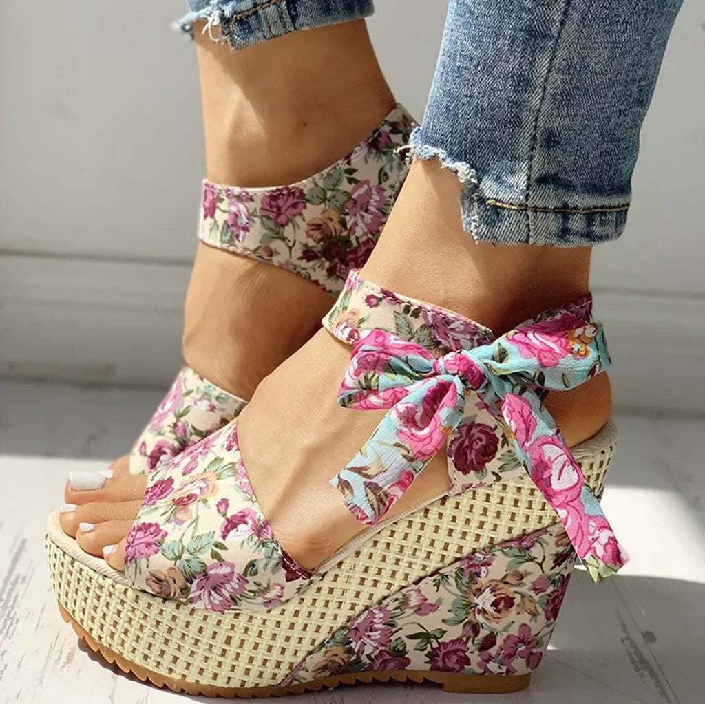 Ladies  Platform Floral Women's Lace-up Comfy Wedges