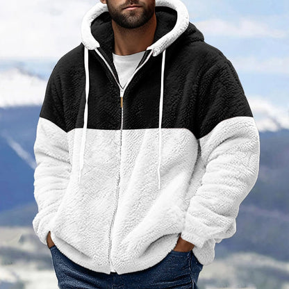 Men Plush Hoodie Casual Lightweight Contrast Color Long Sleeve Zip up Sweatshirt