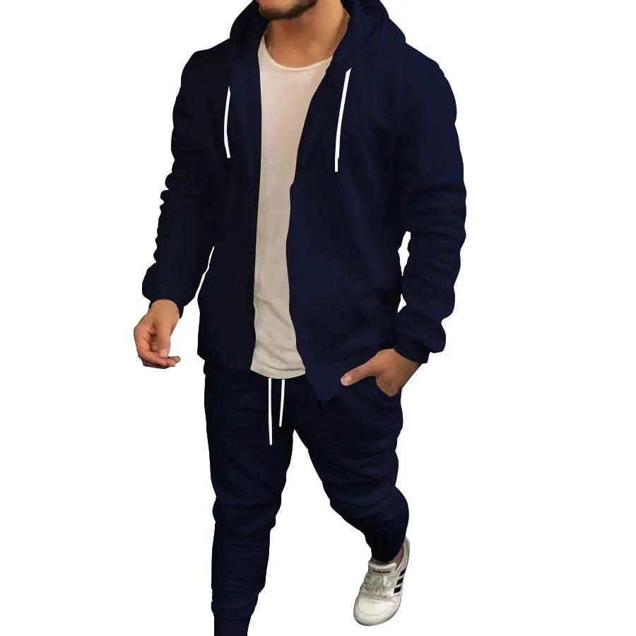 Solid Color Fashion Casual Suit Hooded Cardigant and Trousers Menswear Set