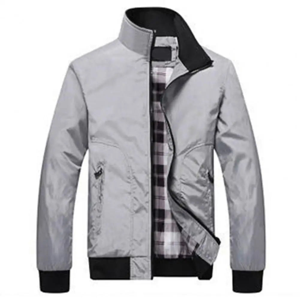 Solid Color Stand Collar Pockets Casual Long Sleeve Elastic Cuff Spring Jacket for Daily Wear