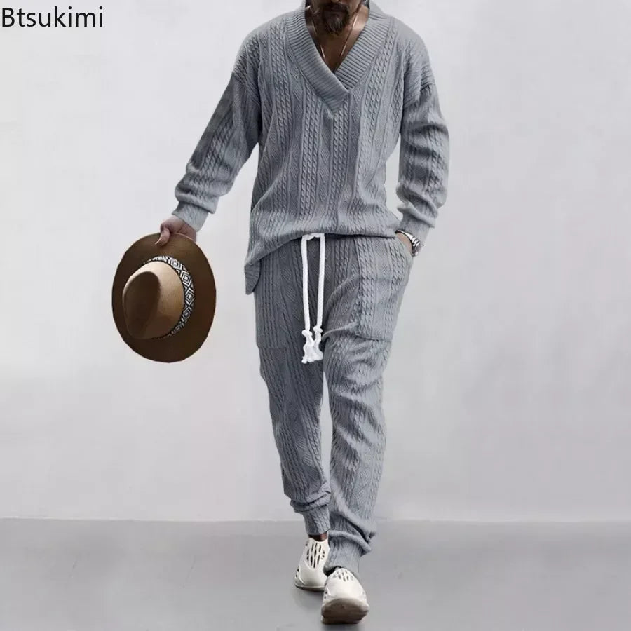 Men's Knitted Suit Sets Long Sleeve V-neck Shirts and Drawstring Pants Sets