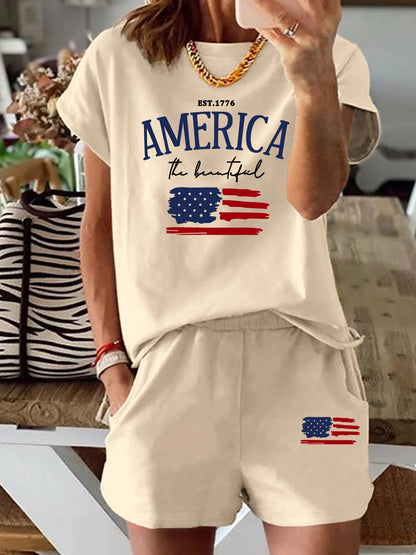 Comfortable and loose white cartoon print casual short sleeved shorts two-piece set