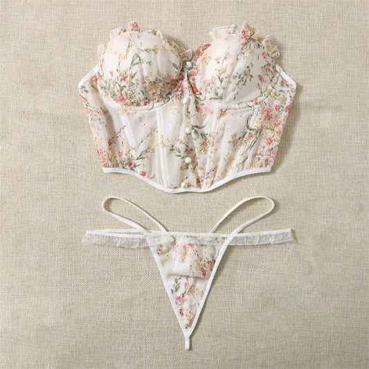 Floral Corset Lingerie Women's Underwear Straplesse Set