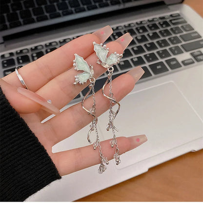 Romantic Long Tassel Delicate White Butterfly Crystal Dangle Earrings