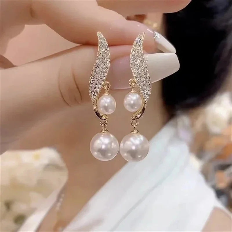 Classic Elegant Double Pearl Dangle Earrings