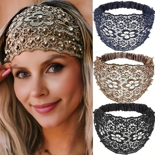 Elegant Hollow Flower Pattern Shiny Rhinestones Faux Pearls High Elastic Wide Hair Band