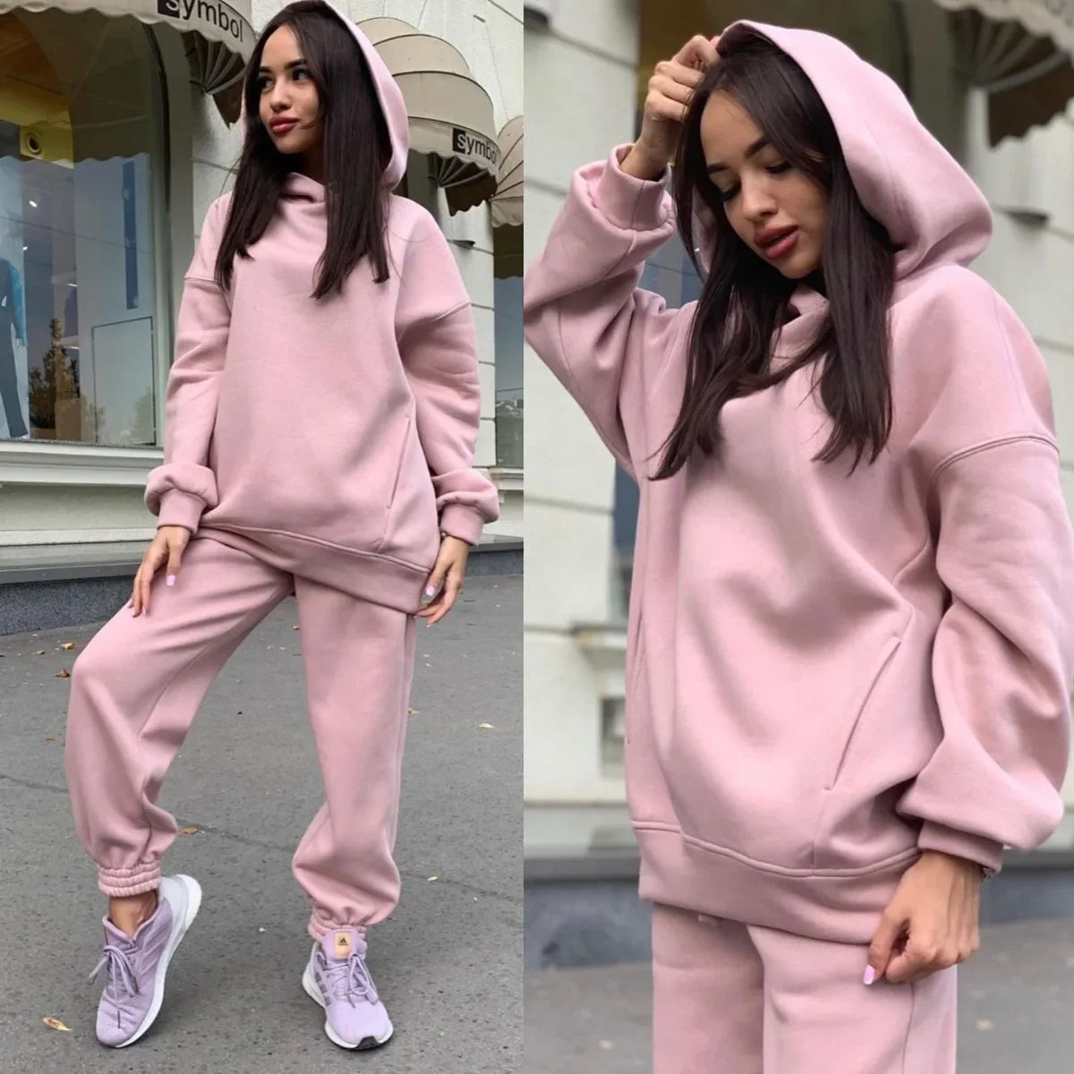 European Style  Solid Color Hooded Sweatshirt Casual 2-Piece Set Suit