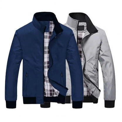 Solid Color Stand Collar Pockets Casual Long Sleeve Elastic Cuff Spring Jacket for Daily Wear