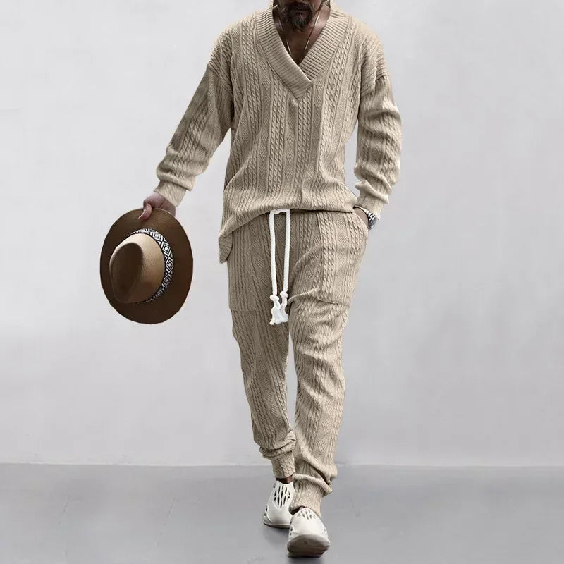 Men's Knitted Suit Sets Long Sleeve V-neck Shirts and Drawstring Pants Sets