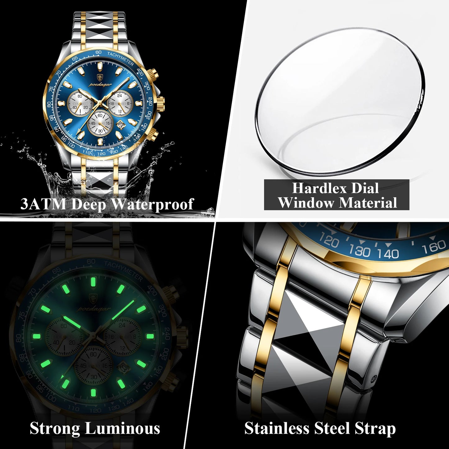 Luxury Sports Quartz Waterproof Luminous Date Chronograph  Stainless Steel Man Watch