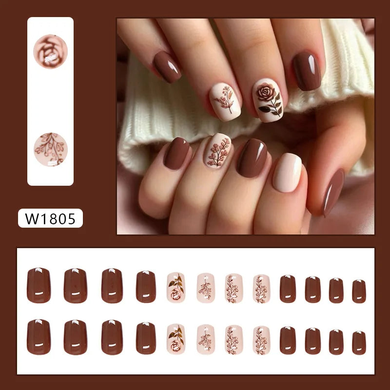 Caramel Flower 24 Pcs Press on Nails Pink Gradient  Glossy Artificial  Reusable Nails