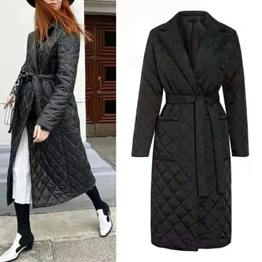 Winter Quilted Coats Women Long Parkas Vintage Plaid Loose Belt Jacket Overcoat