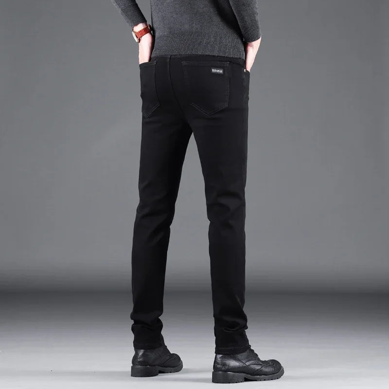 Pure Black Slim Elastic Straight Denim Pants Male