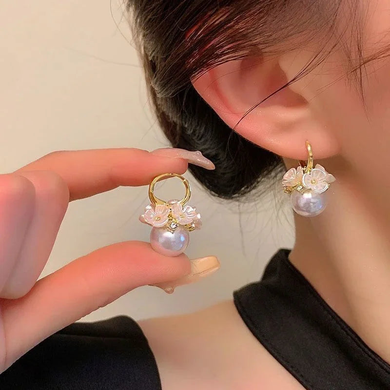 Bow Knot Round Pearl Pendant Gold Color C Shape Earrings