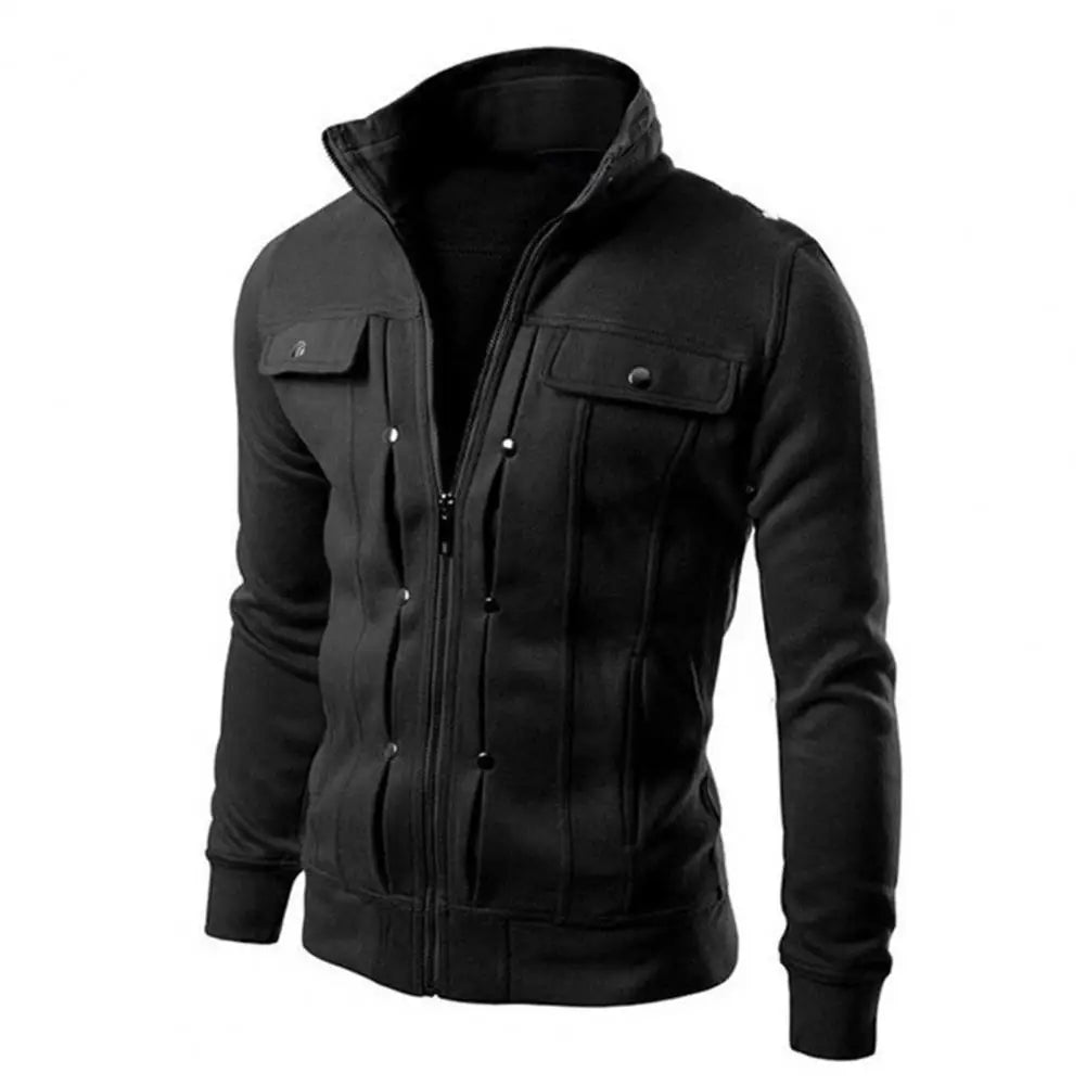 Outerwear Solid Color Stand Collar Jacket with Buttons Zipper Closure for Spring Autumn Long for Men