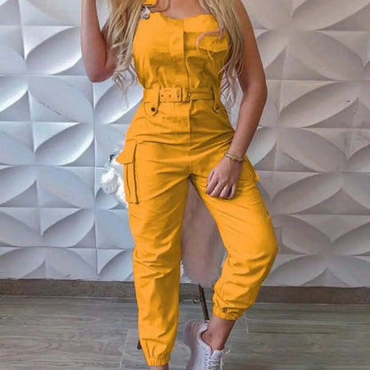 Shoulder Strap Lady Jumpsuit Casual Sleeveless Ankle Tied Cargo Jumpsuit Belt Pocket Design Overall Jumpsuit