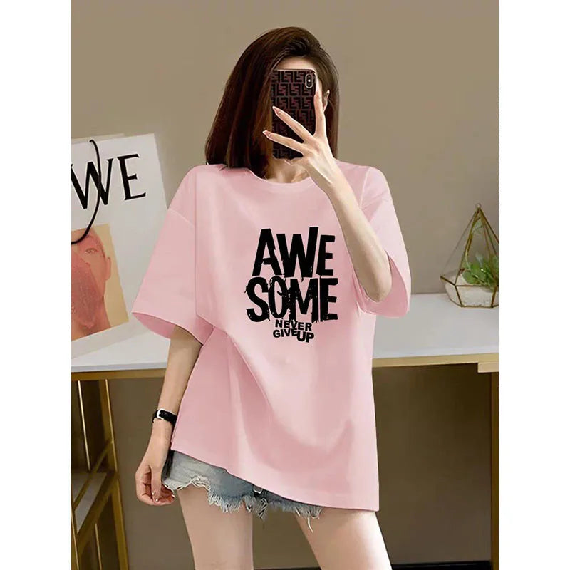 Chic Letter Print Basic Top Tees Fashion Pure Cotton O-neck Short Sleeve T-shirt Loose