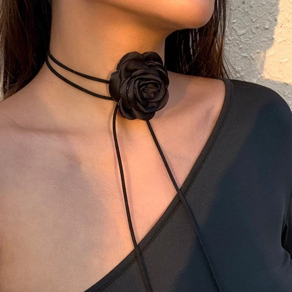 Romantic Gothic Big Rose Flower Clavicle Necklace Adjustable Rope Choker