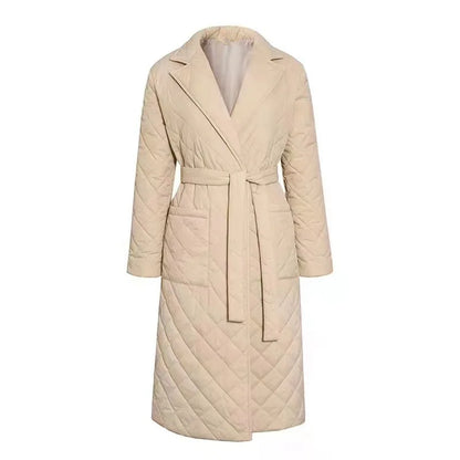 Winter Quilted Coats Women Long Parkas Vintage Plaid Loose Belt Jacket Overcoat