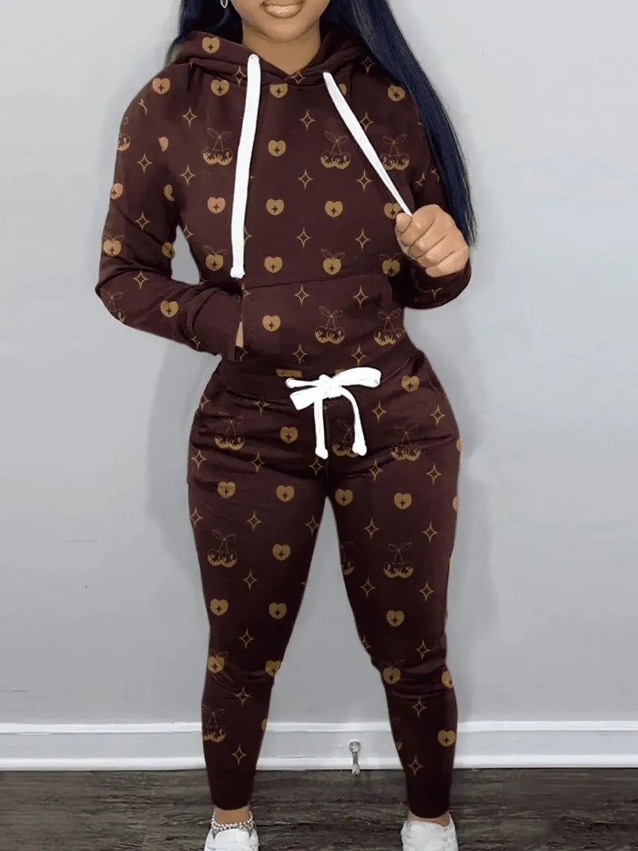 Two Pieces Leopard Print Kangaroo Pocket Tracksuit Set