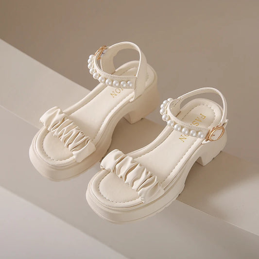 Comfortable Round Toe Open Toe Pearl Chain Buckle Thick Sole Waterproof Platform