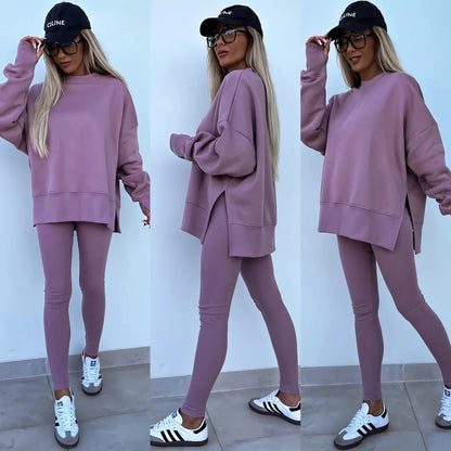 Two Pieces Solid Loose Sweatshirts Split Pullover Pencil Pants