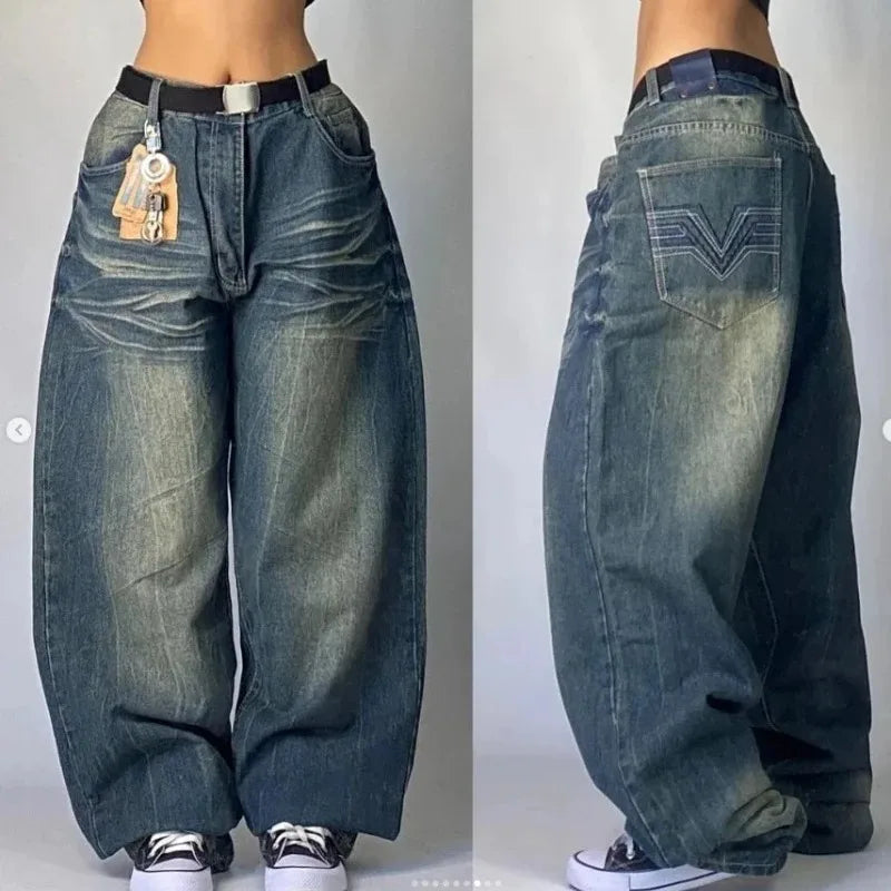 American New Washed Baggy Jeans Men And Women Y2K High CasualFashion Retro Punk High Waist Wide Trousers