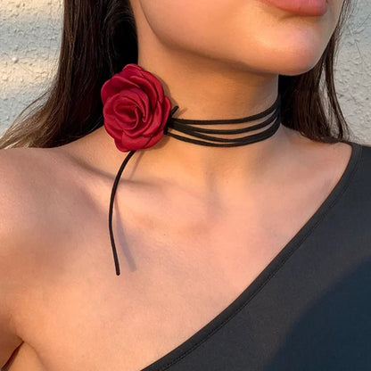 Romantic Gothic Big Rose Flower Clavicle Necklace Adjustable Rope Choker