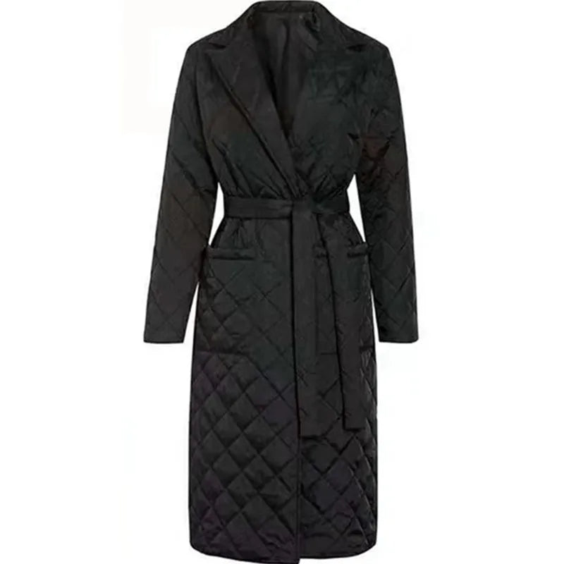 Winter Quilted Coats Women Long Parkas Vintage Plaid Loose Belt Jacket Overcoat