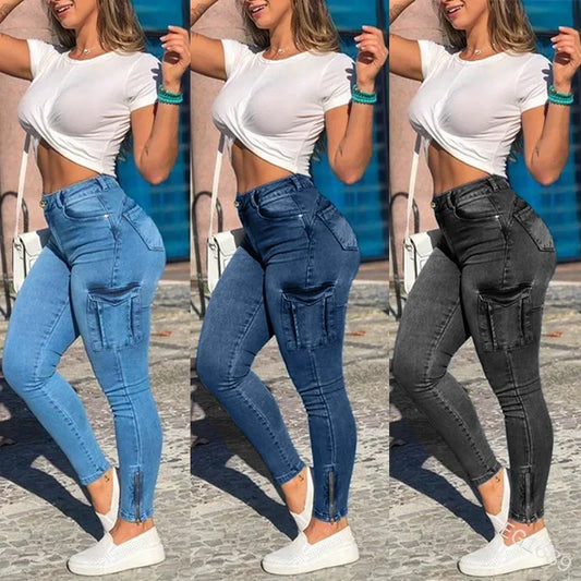 Pencil Cargo Denim Distressed High Waist Slim Fit Zipper Fly Ankle Length Solid