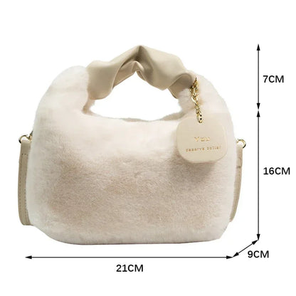 Women Faux Fur Plush Handbags Ruched Handle