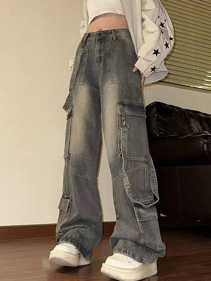 American Retro Overalls Loose Slim Jeans High Waist Straight Wide Leg Pants Trendy