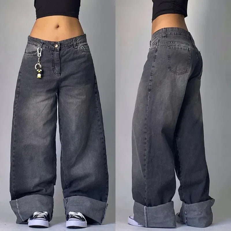 American New Washed Baggy Jeans Men And Women Y2K High CasualFashion Retro Punk High Waist Wide Trousers