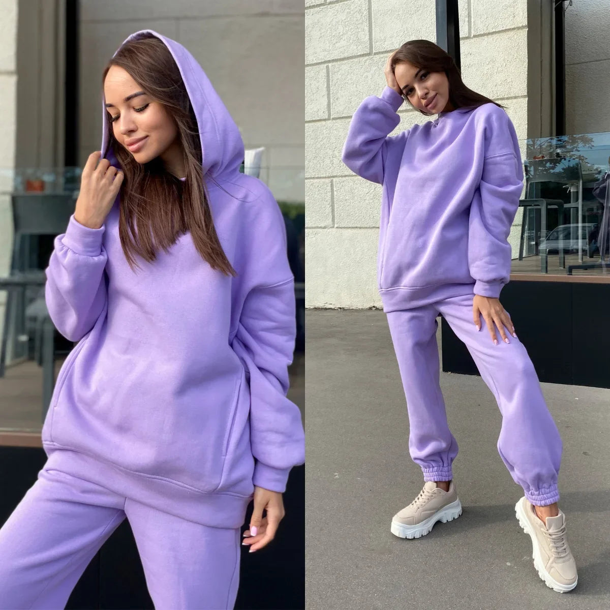 European Style  New Fashion Solid Color Hooded Sweatshirt Casual 2-Piece Set