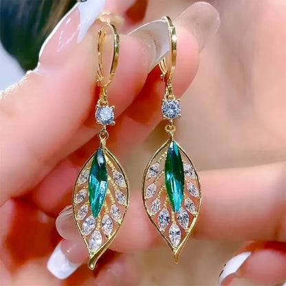 Green Crystal Golden Leaves Earrings Individuality Daily Accessories