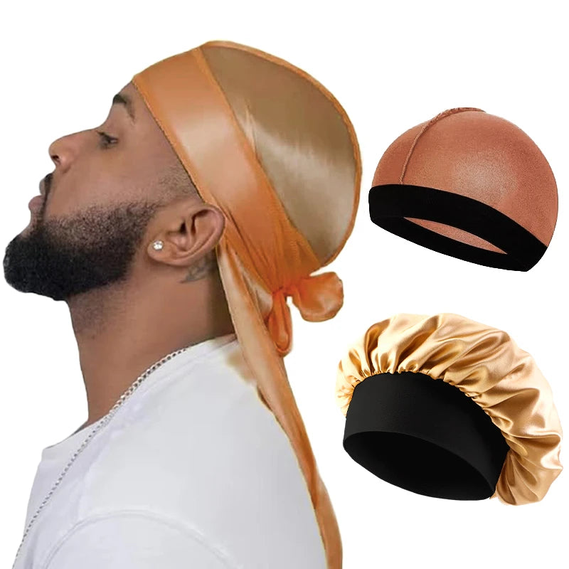 Men Silky Durag Long Tail Pirate Hat Headband Turban Bonnet