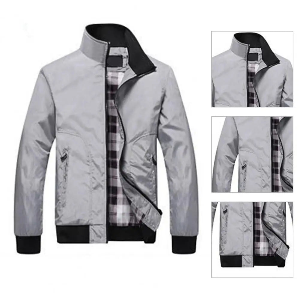 Solid Color Stand Collar Pockets Casual Long Sleeve Elastic Cuff Spring Jacket for Daily Wear