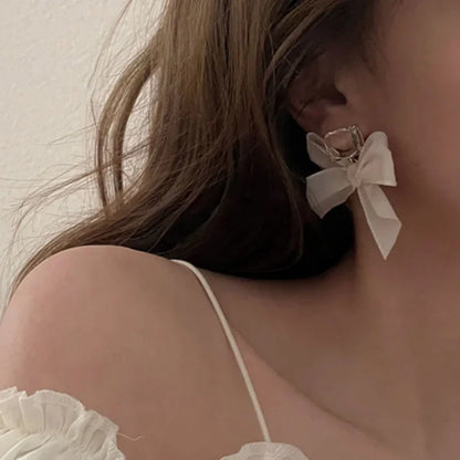 Black White Women Statement Stud Earrings Fabric Lace Bow Drop Earrings